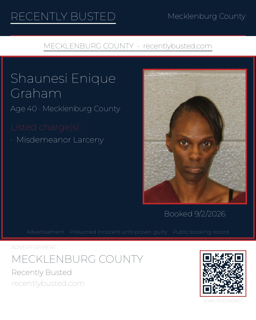 SHAUNESI ENIQUE GRAHAM — arrest record card, Mecklenburg County, North Carolina