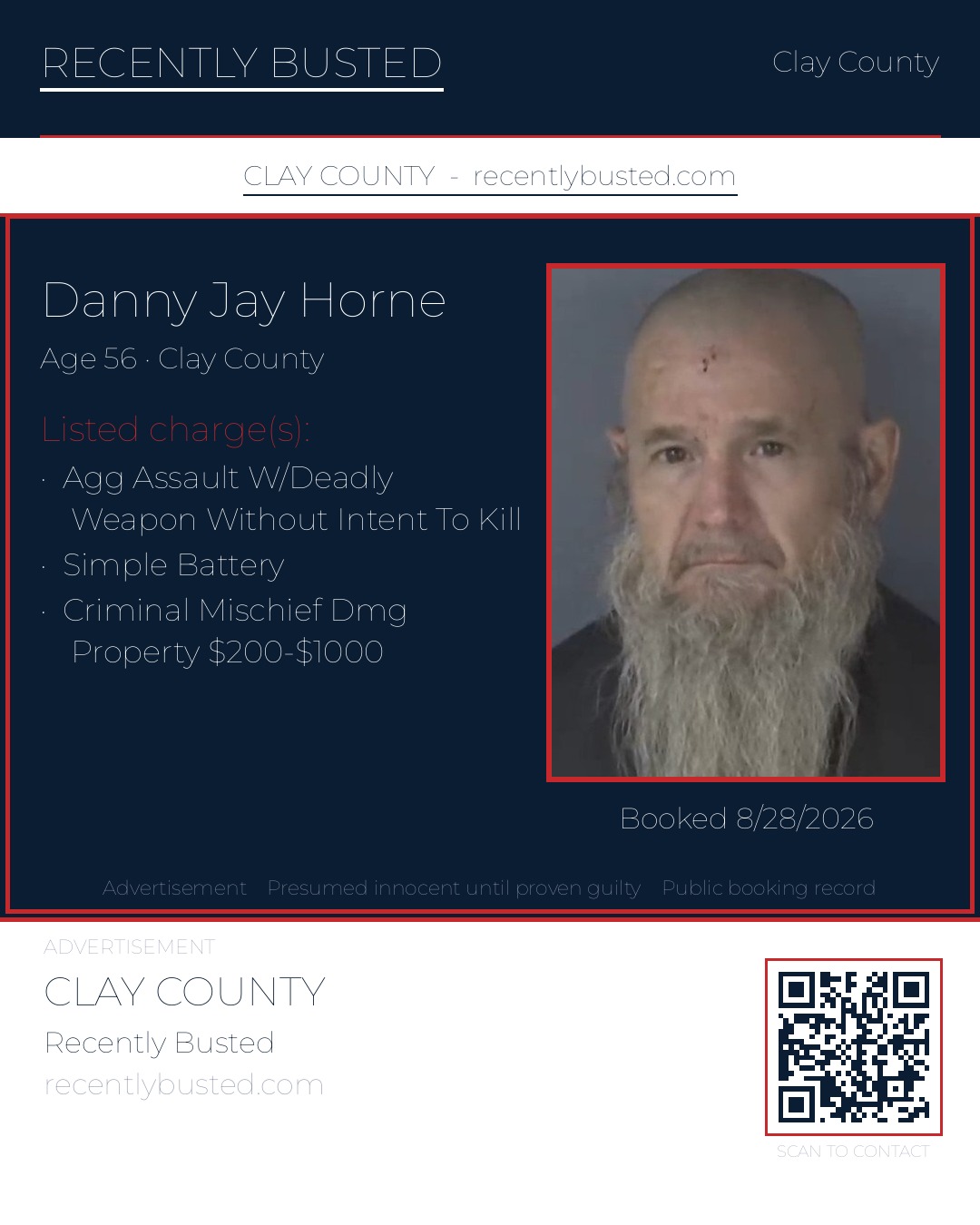 DANNY JAY HORNE — arrest record card, Clay County, Florida