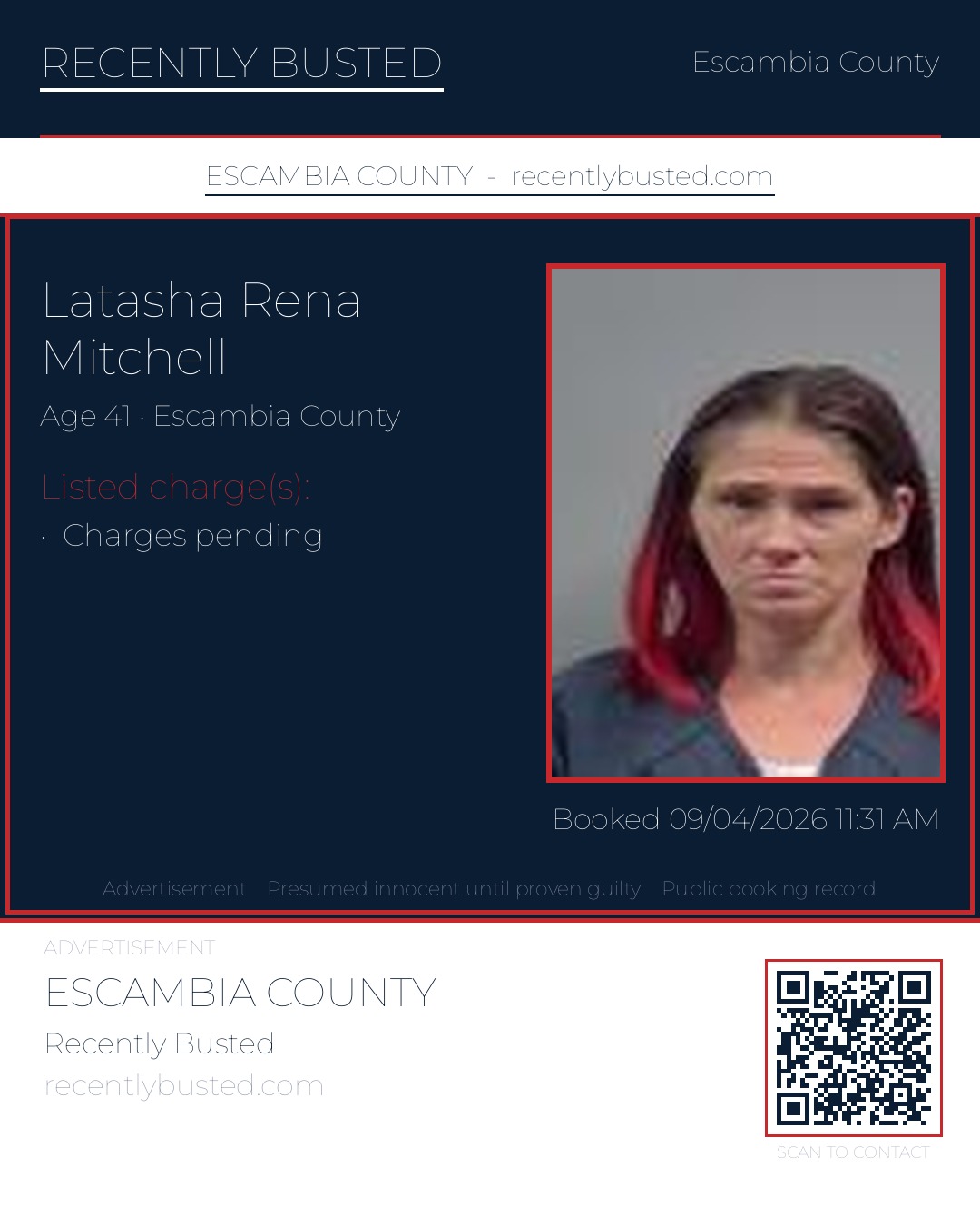Latasha Rena Mitchell — arrest record card, Escambia County, Florida