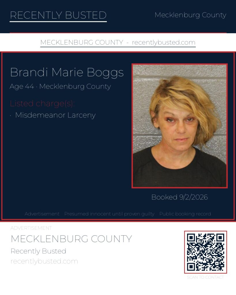 BRANDI MARIE BOGGS — arrest record card, Mecklenburg County, North Carolina