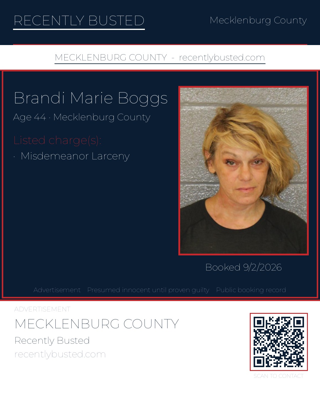 BRANDI MARIE BOGGS — arrest record card, Mecklenburg County, North Carolina