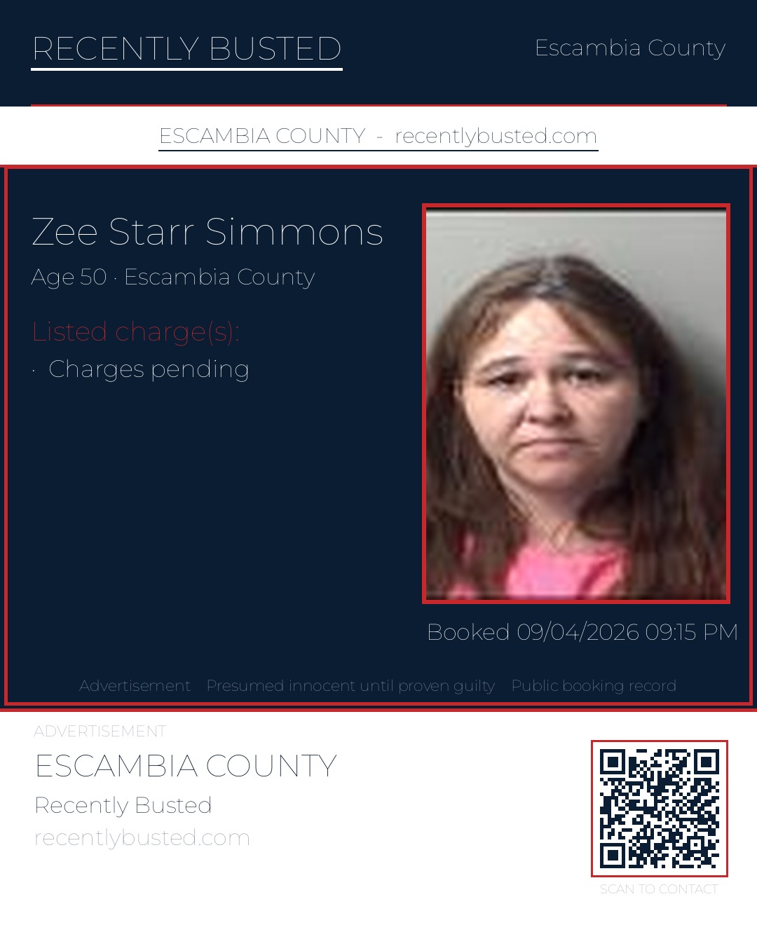 Zee Starr Simmons — arrest record card, Escambia County, Florida
