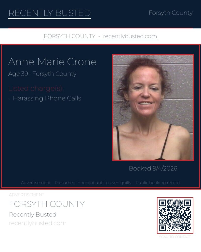 ANNE MARIE CRONE — arrest record card, Forsyth County, North Carolina