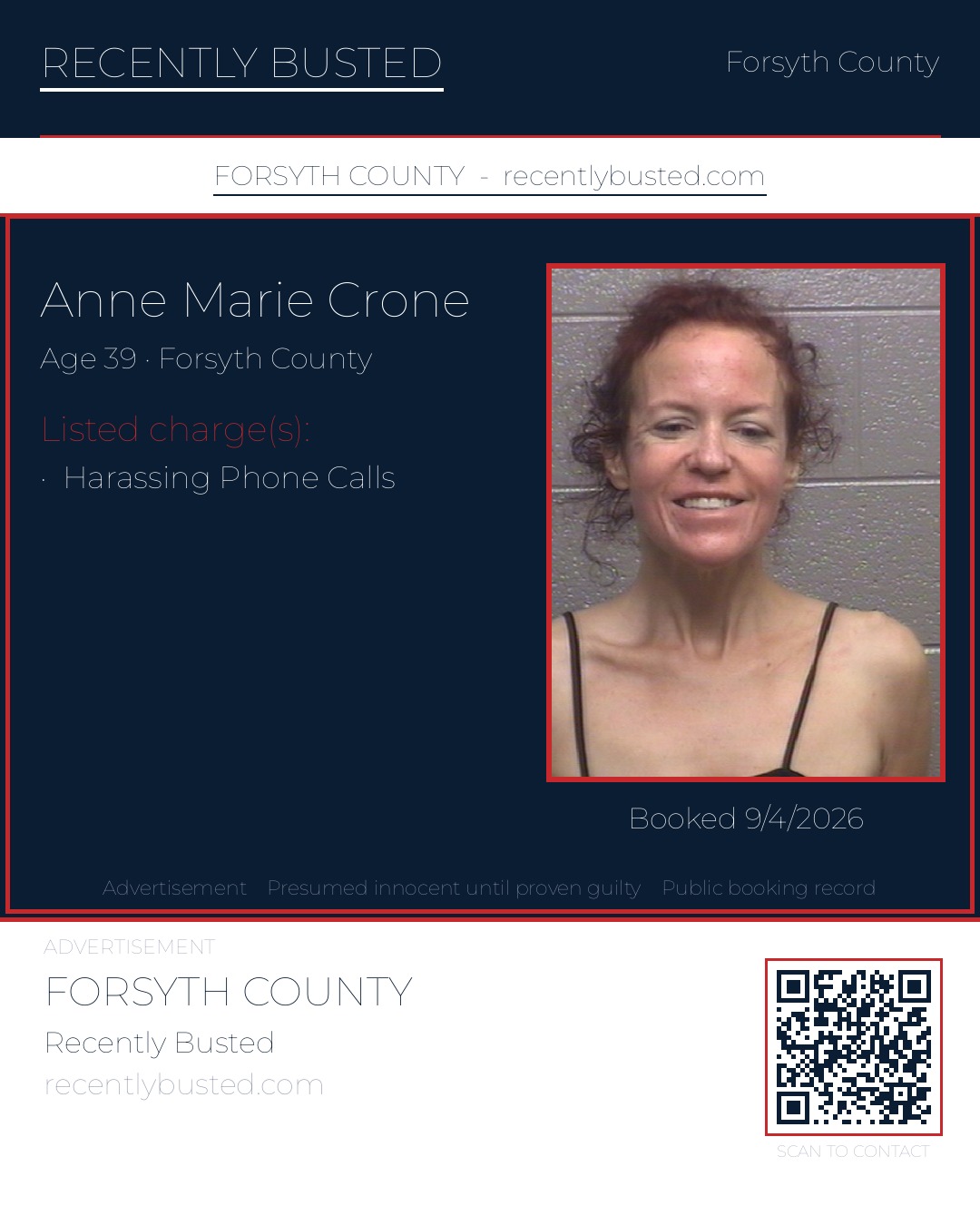 ANNE MARIE CRONE — arrest record card, Forsyth County, North Carolina