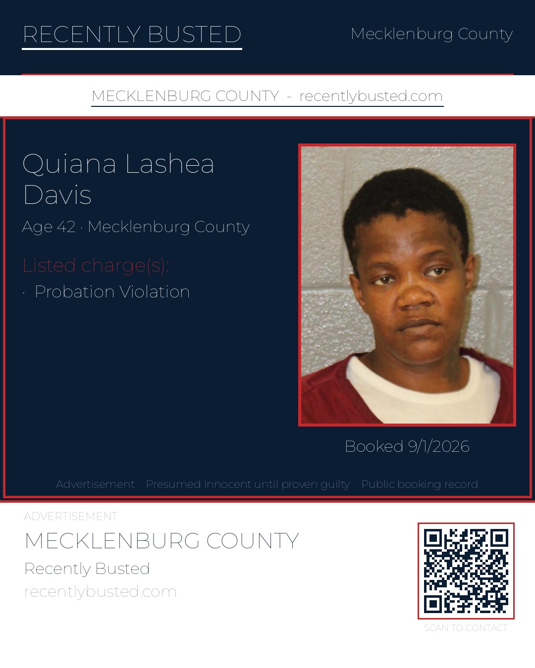 QUIANA LASHEA DAVIS — arrest record card, Mecklenburg County, North Carolina