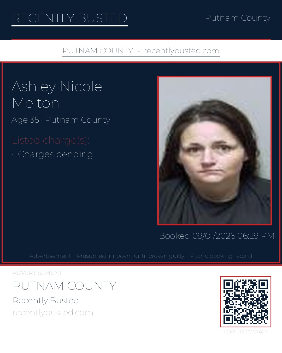 Ashley Nicole Melton — arrest record card, Putnam County, Florida