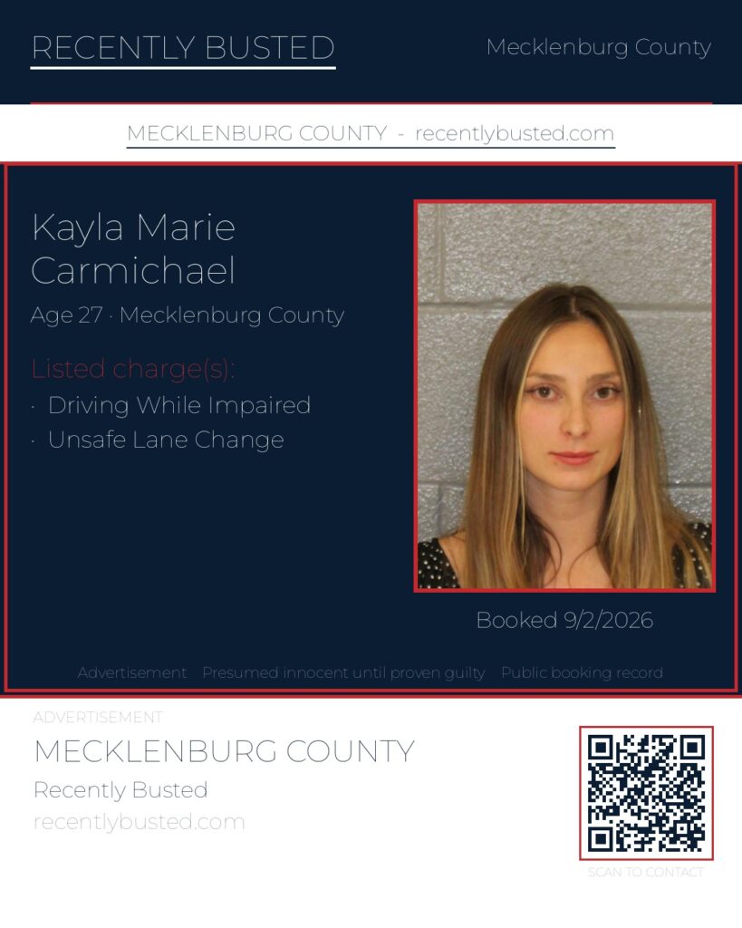 KAYLA MARIE CARMICHAEL — arrest record card, Mecklenburg County, North Carolina