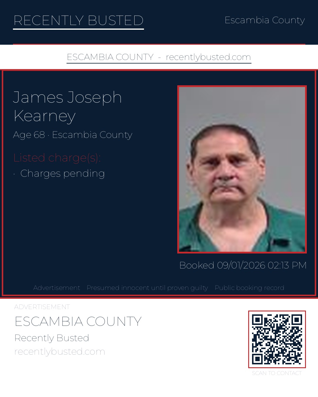 James Joseph Kearney — arrest record card, Escambia County, Florida