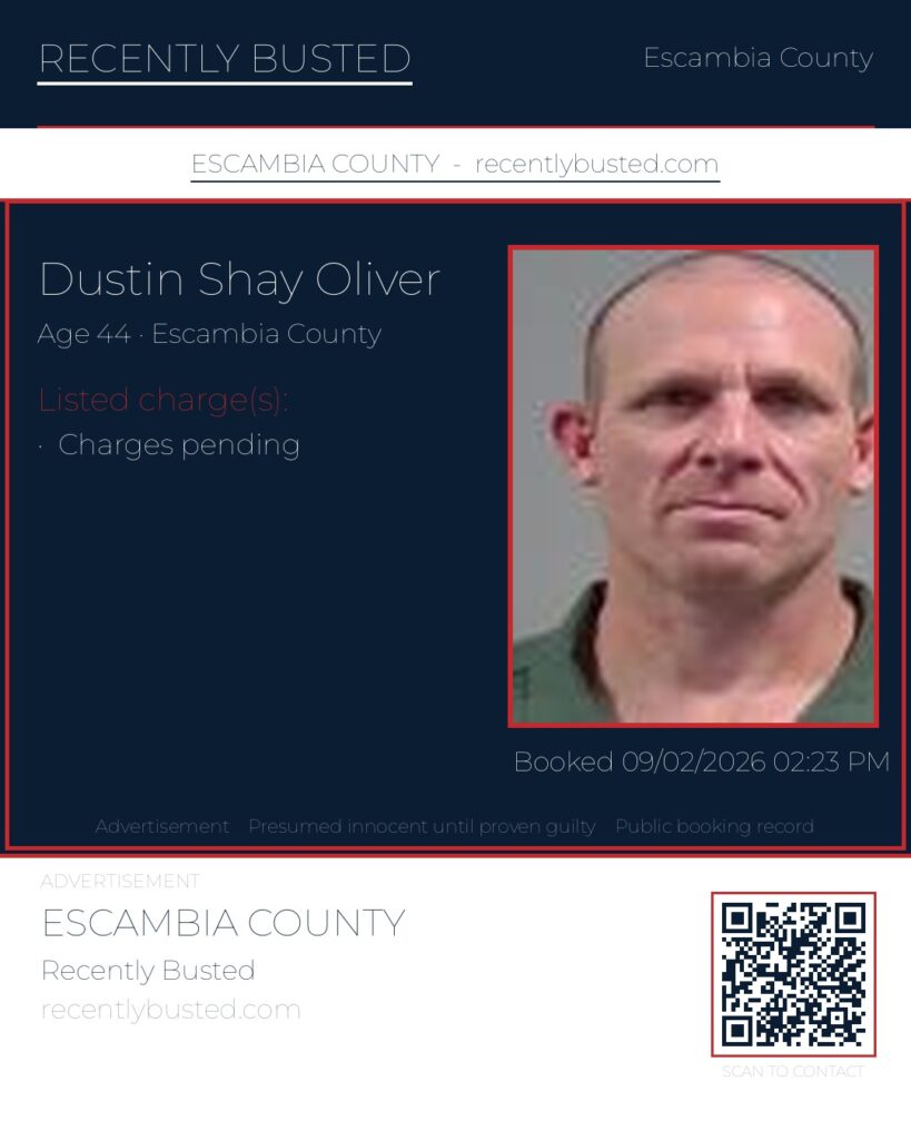 Dustin Shay Oliver — arrest record card, Florida Crime