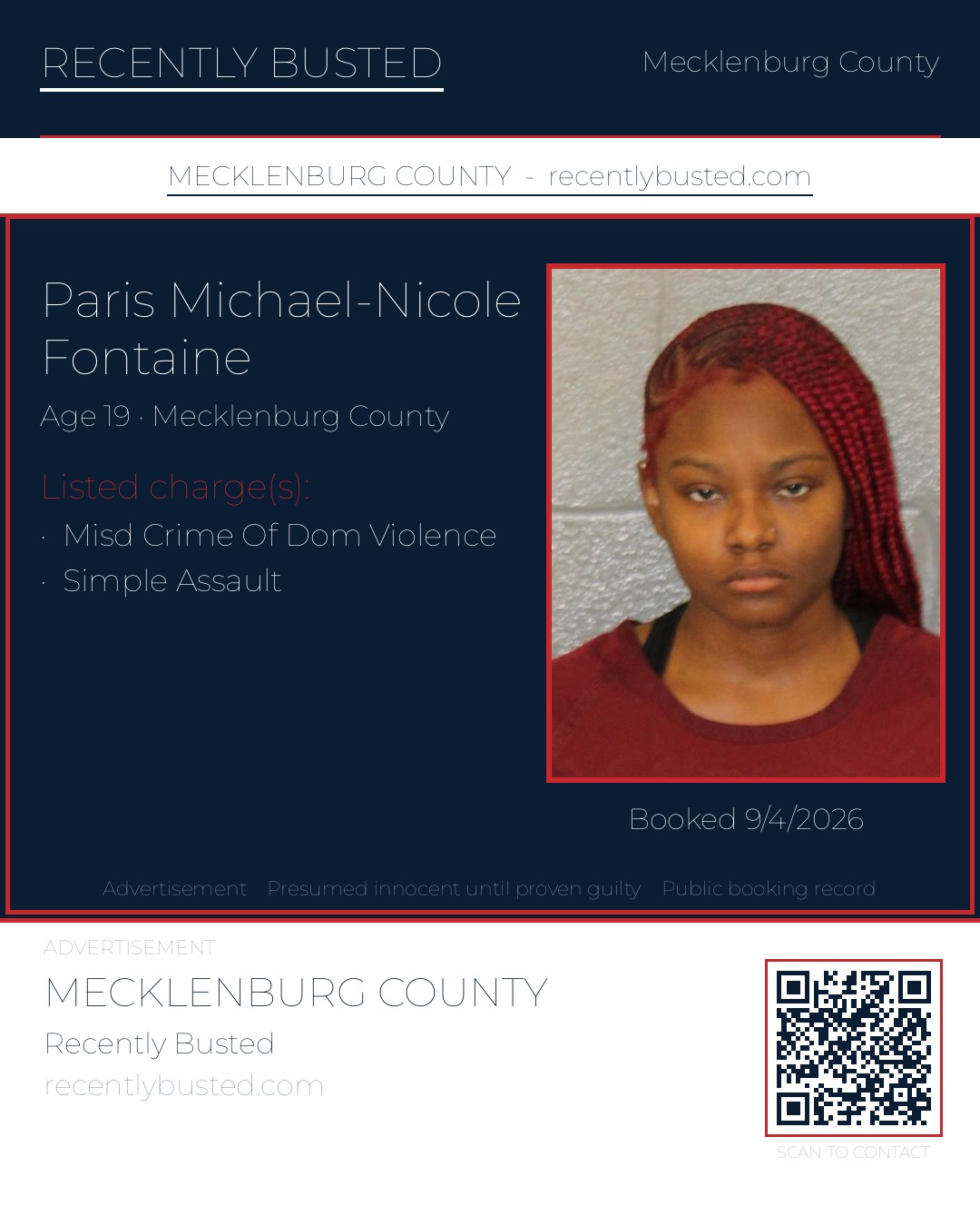 PARIS MICHAEL-NICOLE FONTAINE — arrest record card, Mecklenburg County, North Carolina