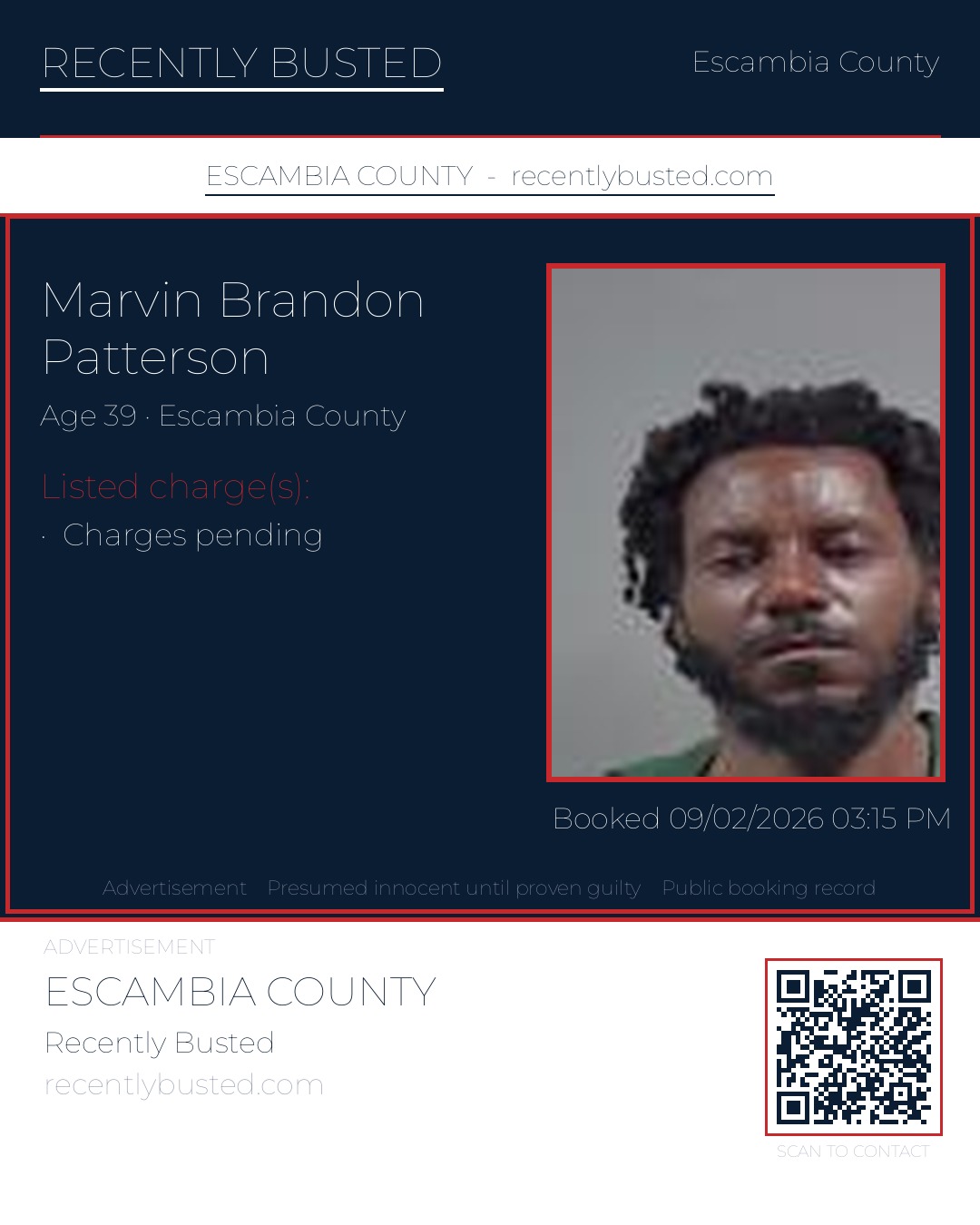 Marvin Brandon Patterson — arrest record card, Escambia County, Florida