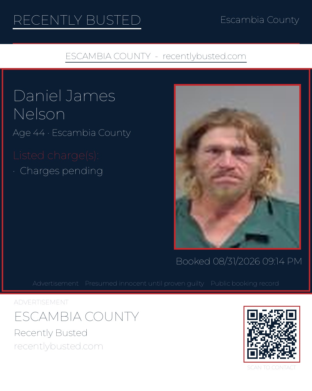 Daniel James Nelson — arrest record card, Escambia County, Florida