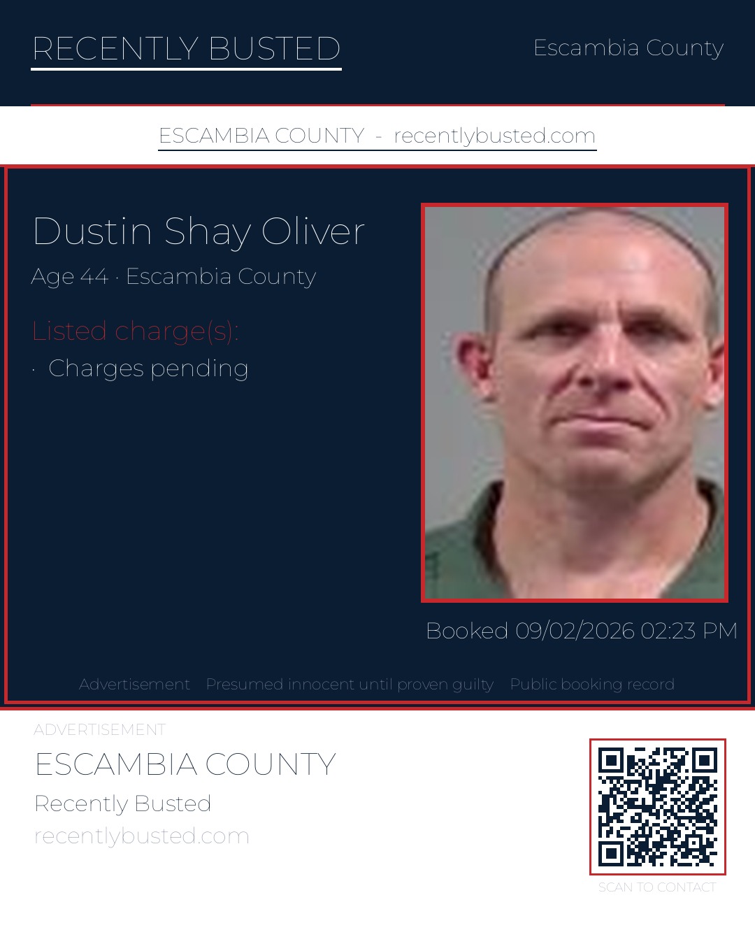 Dustin Shay Oliver — arrest record card, Escambia County, Florida