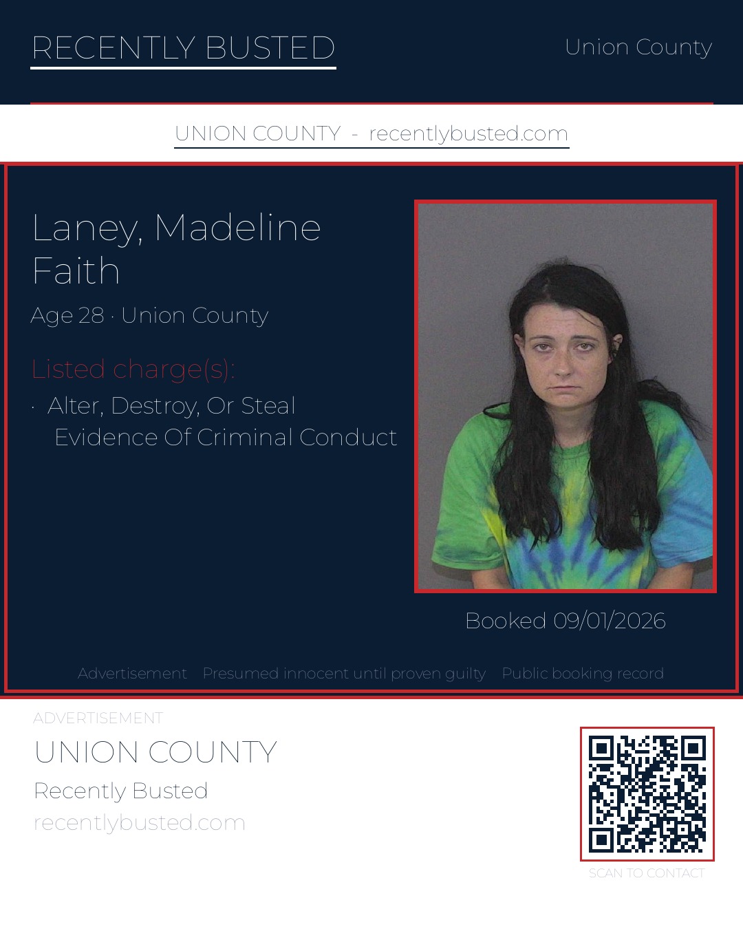 LANEY, MADELINE FAITH — arrest record card, Union County, North Carolina