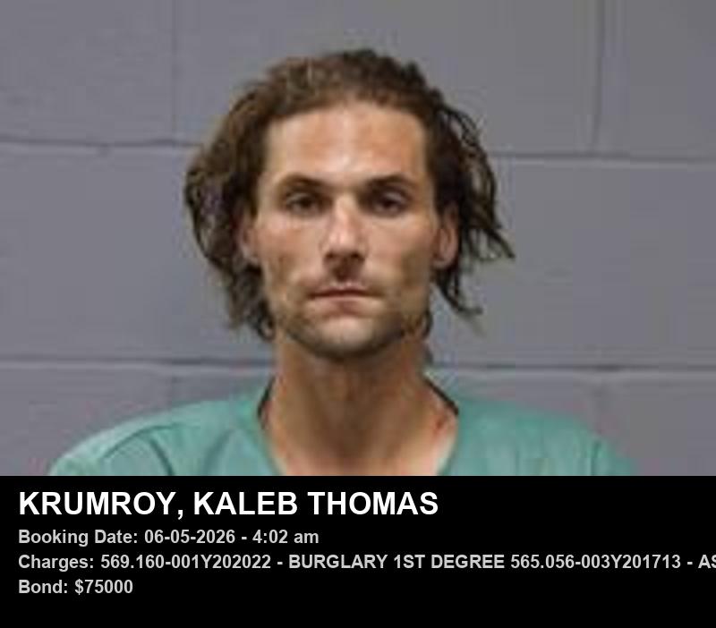 KALEB THOMAS KRUMROY — arrest record card, Johnson County, Missouri