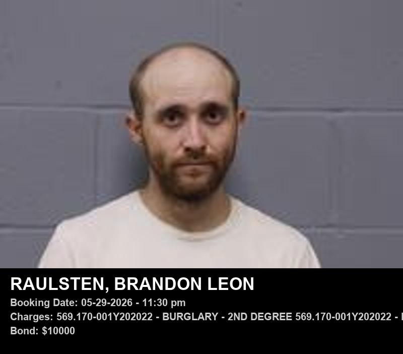 BRANDON LEON RAULSTEN — arrest record card, Johnson County, Missouri