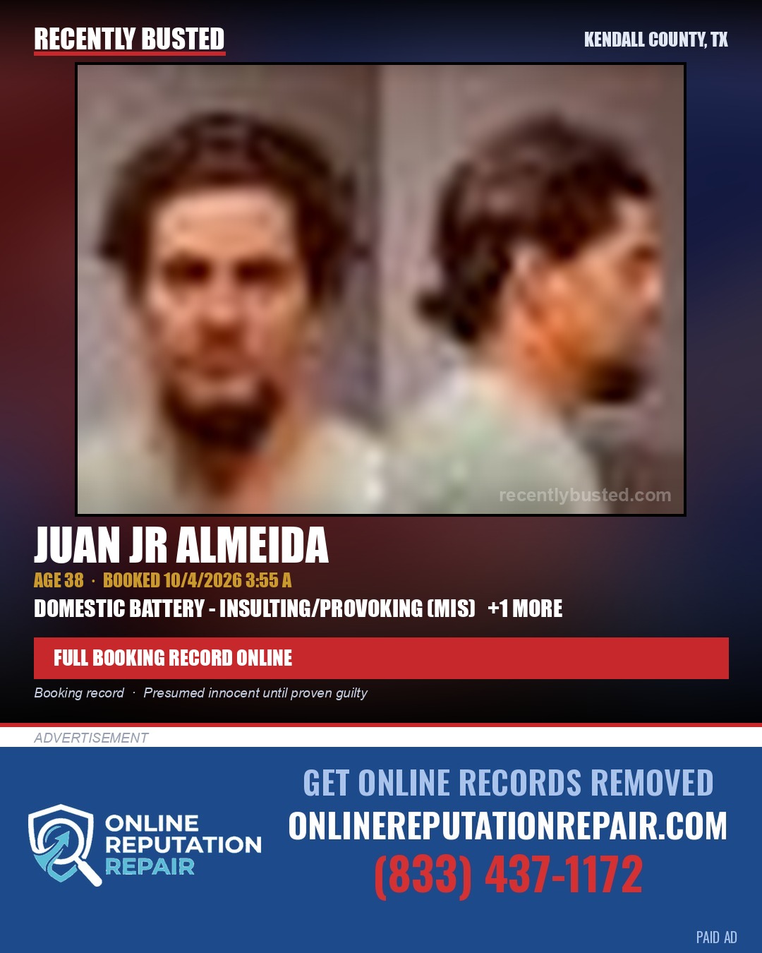 ALMEIDA, JUAN  JR — arrest record card, Kendall County, Illinois