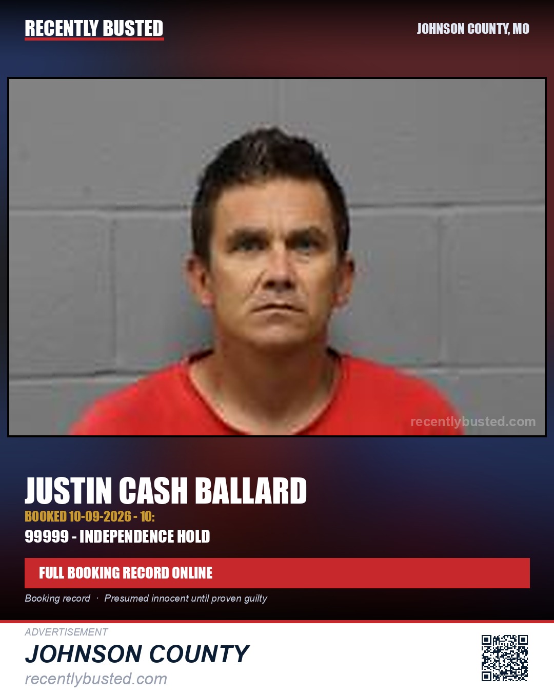 BALLARD, JUSTIN CASH — arrest record card, Johnson County, Missouri