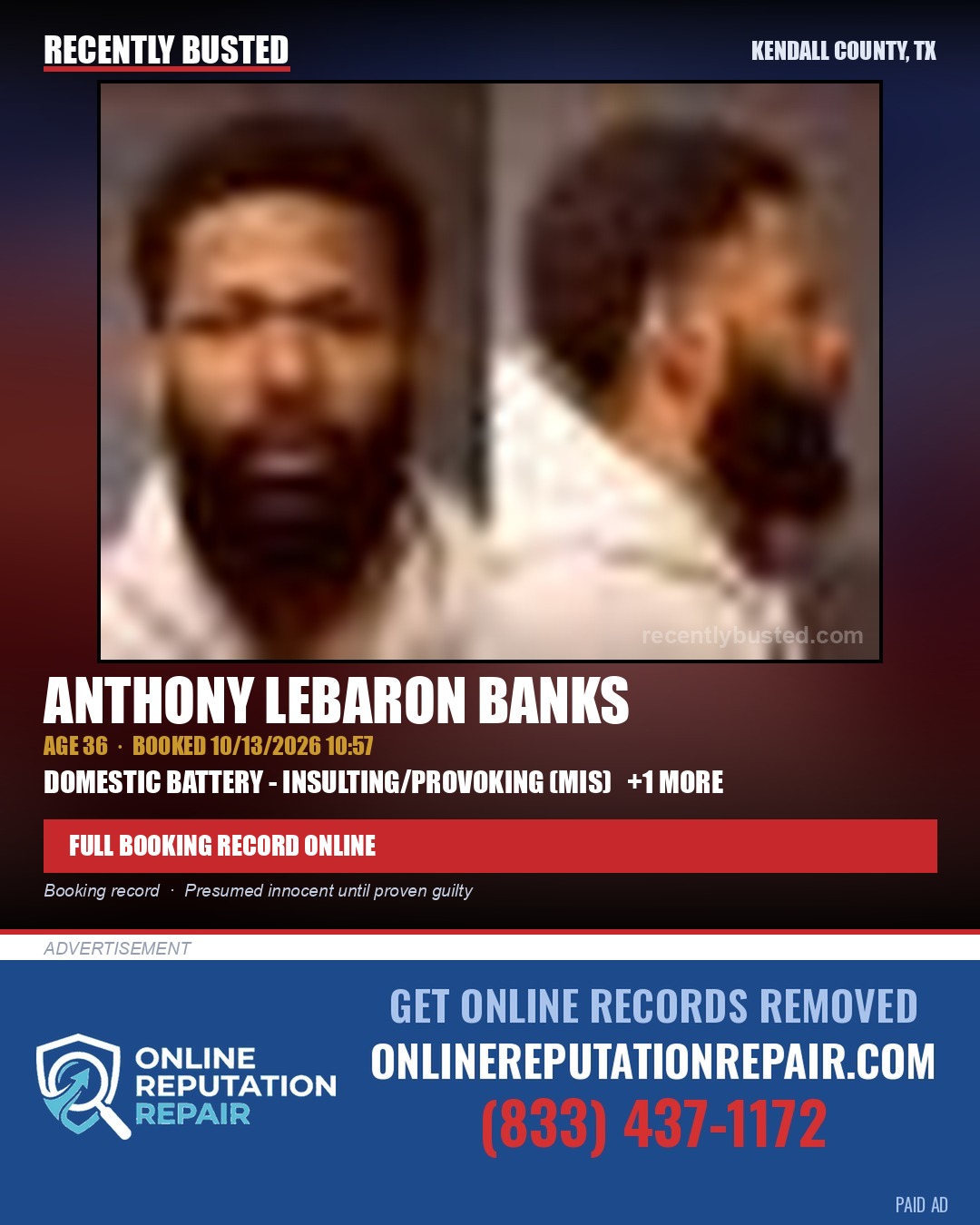 BANKS, ANTHONY LEBARON — arrest record card, Kendall County, Illinois