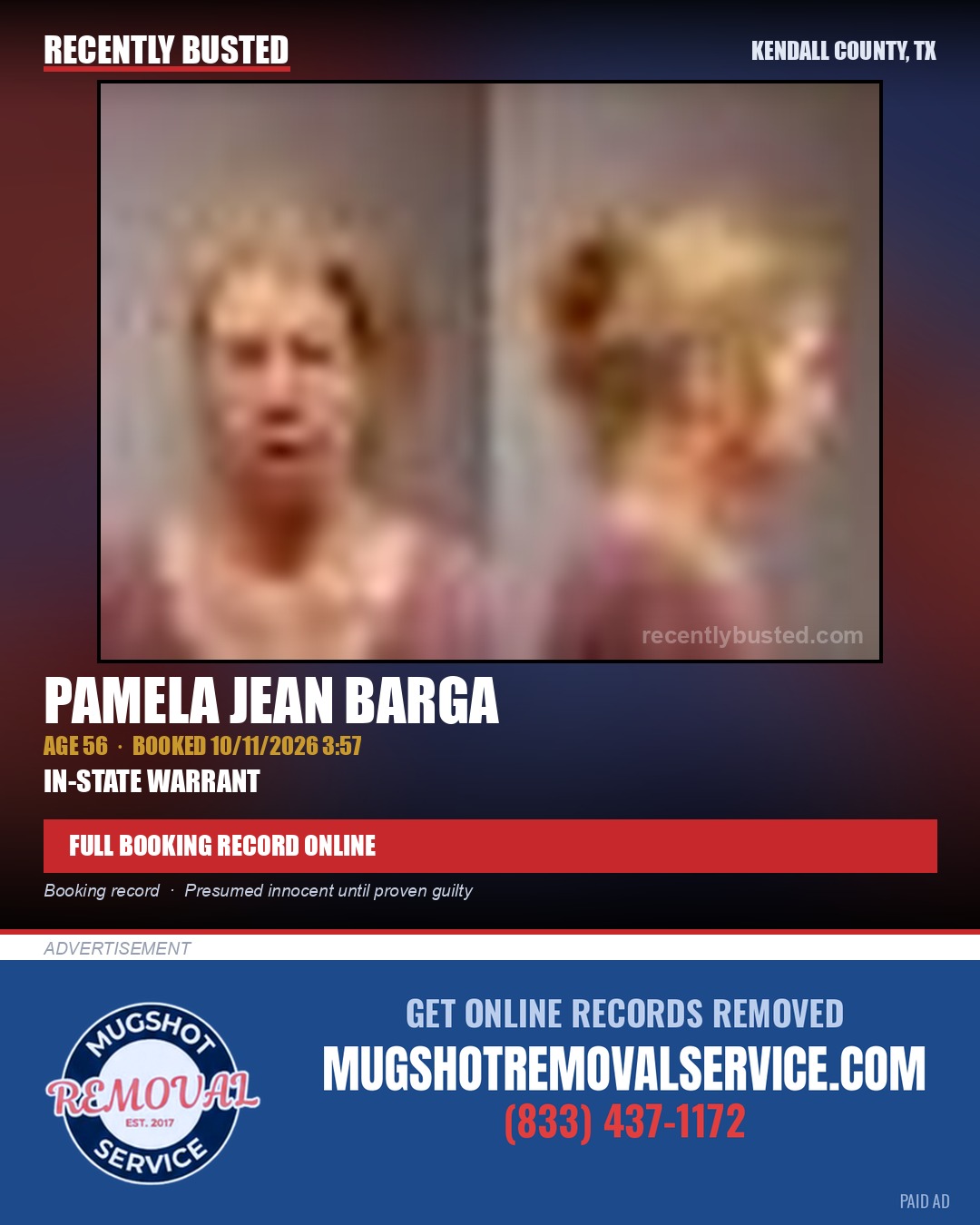 BARGA, PAMELA JEAN — arrest record card, Kendall County, Illinois