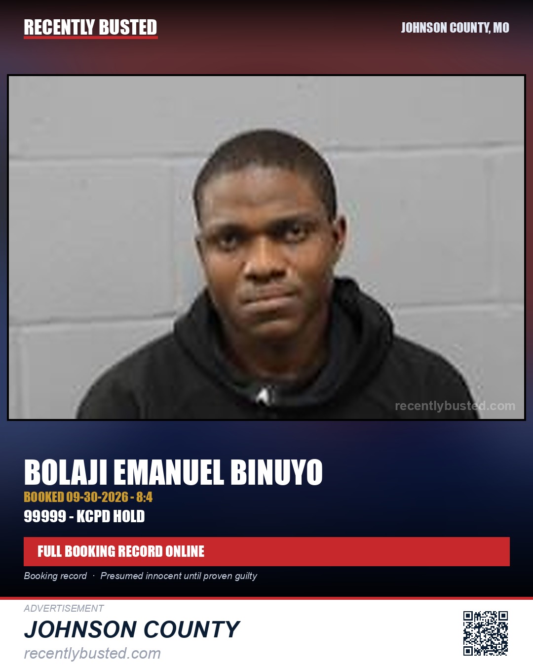 BINUYO, BOLAJI EMANUEL — arrest record card, Johnson County, Missouri