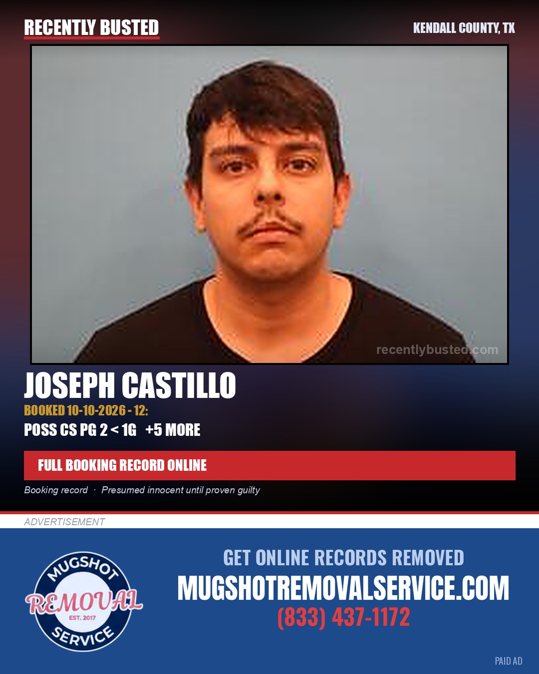 Castillo, Joseph — arrest record card, Kendall County, Texas