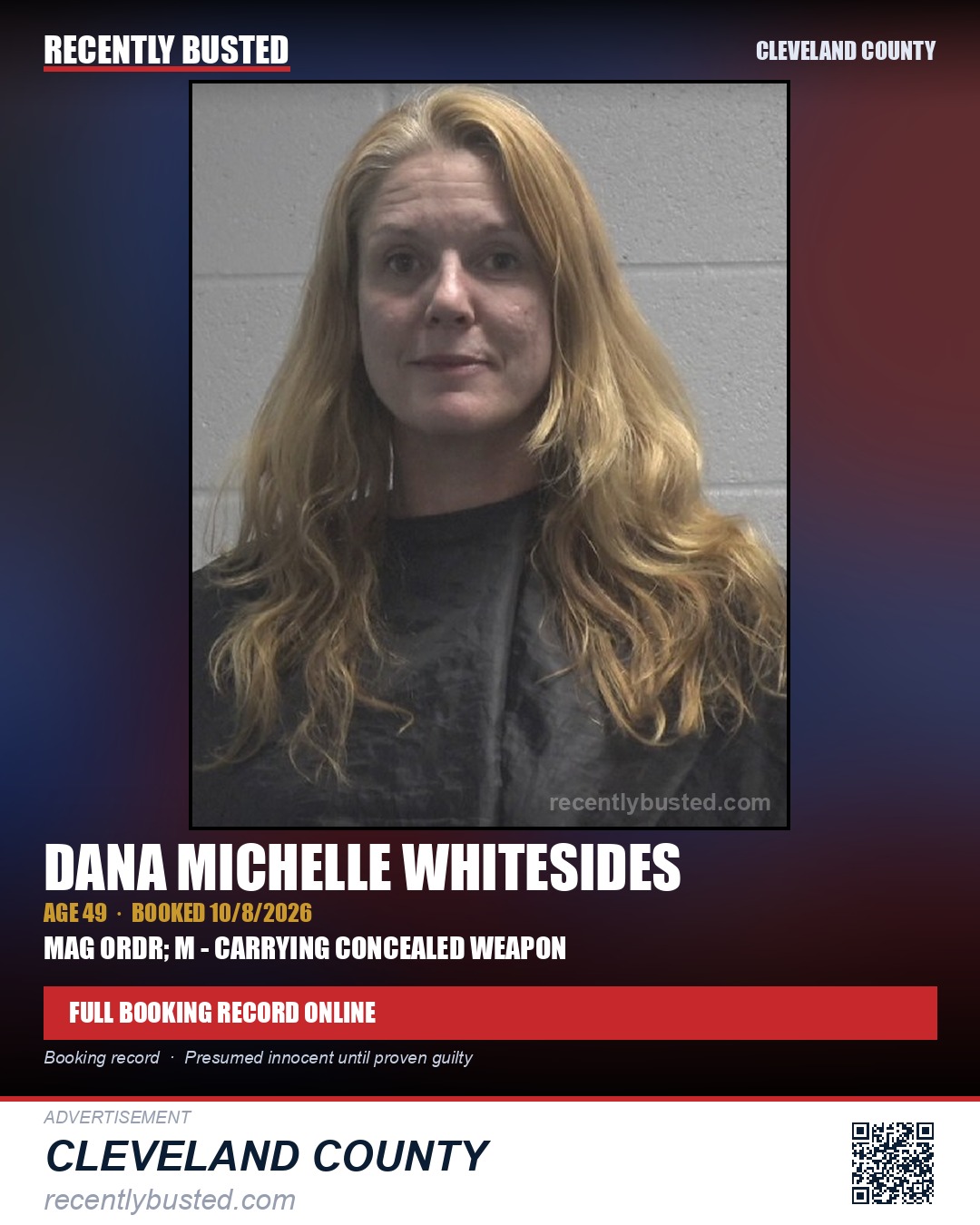 DANA MICHELLE WHITESIDES — arrest record card, Cleveland County