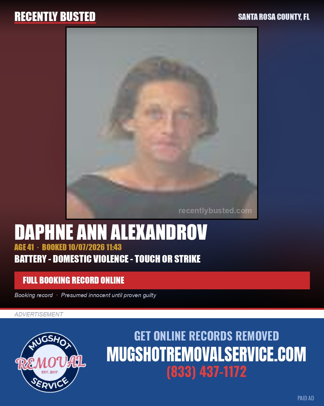 Daphne Ann Alexandrov — arrest record card, Santa Rosa County, Florida