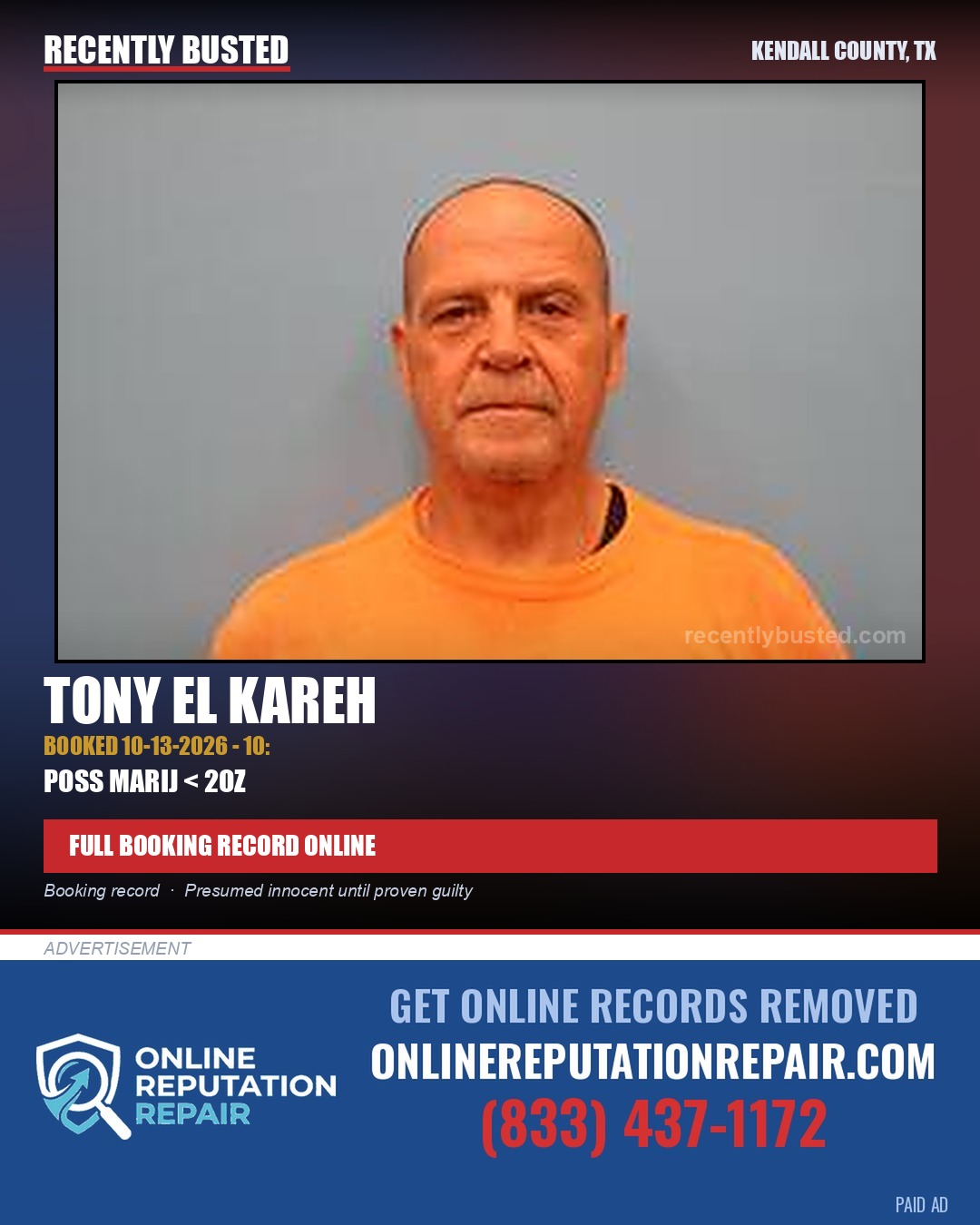 El Kareh, Tony — arrest record card, Kendall County, Texas