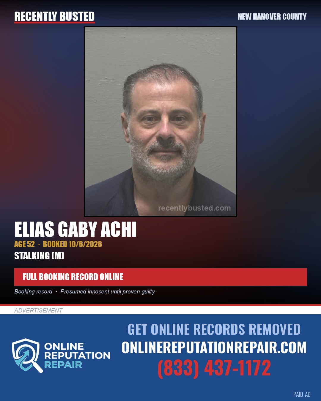 ELIAS GABY ACHI — arrest record card, New Hanover County