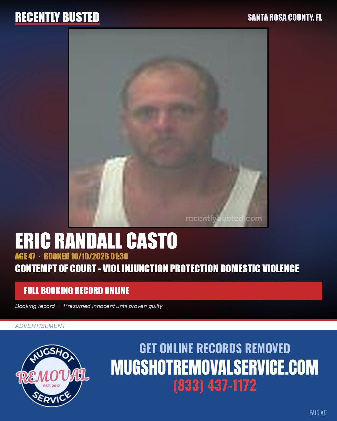 Eric Randall Casto — arrest record card, Santa Rosa County, Florida