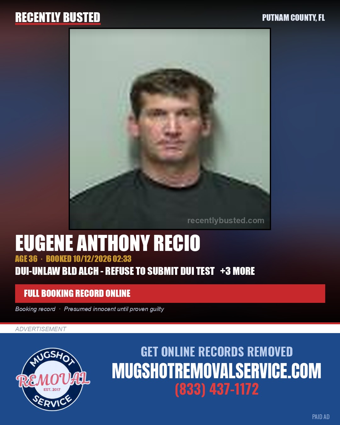 Eugene Anthony Recio — arrest record card, Putnam County, Florida