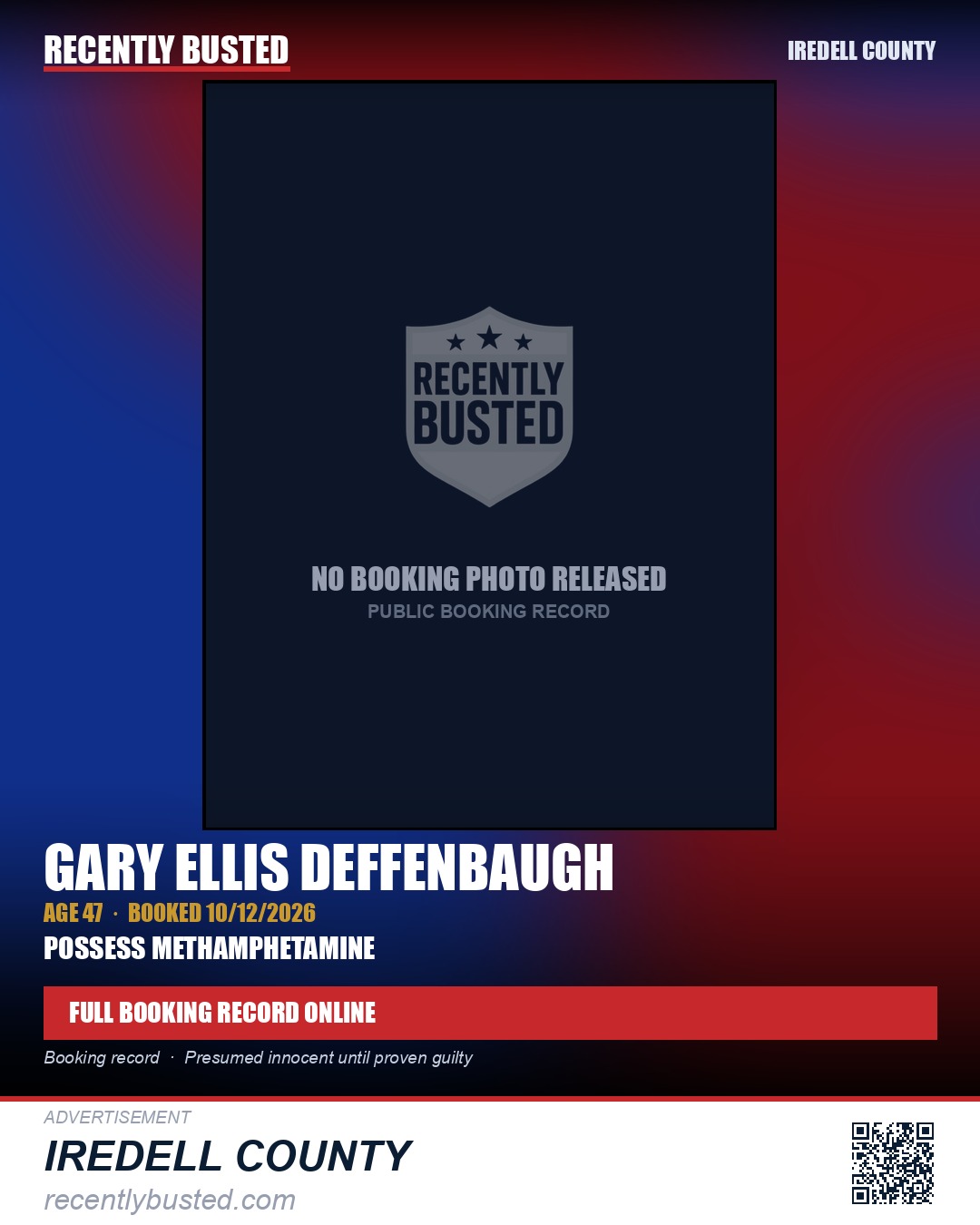 GARY ELLIS DEFFENBAUGH — arrest record card, Iredell County