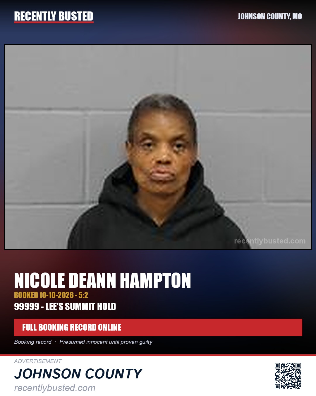 HAMPTON, NICOLE DEANN — arrest record card, Johnson County, Missouri