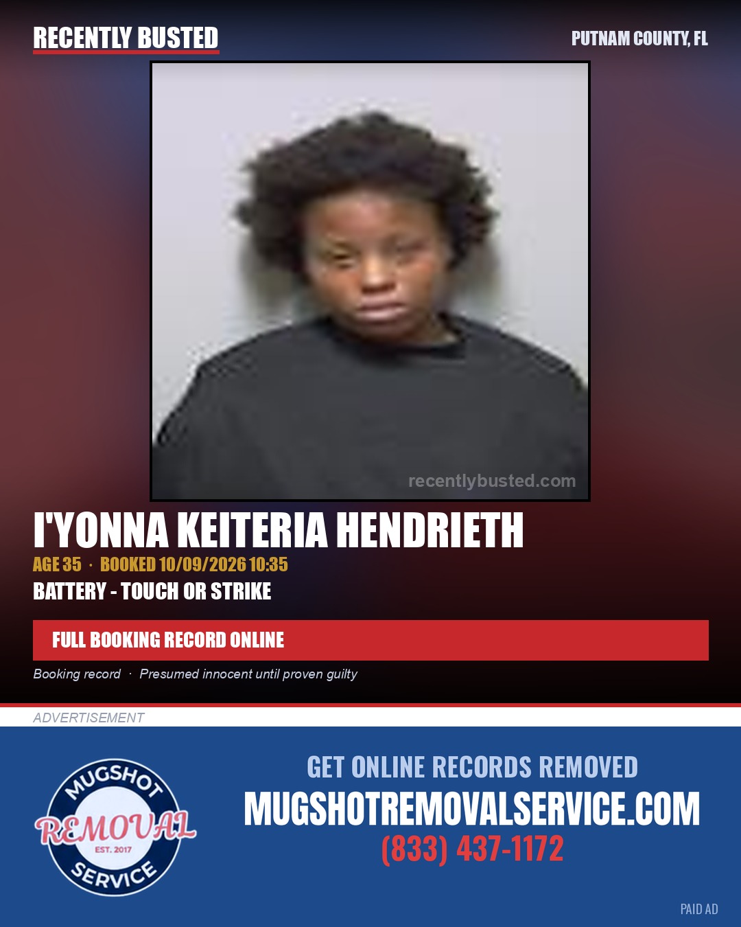 I'Yonna Keiteria Hendrieth — arrest record card, Putnam County, Florida