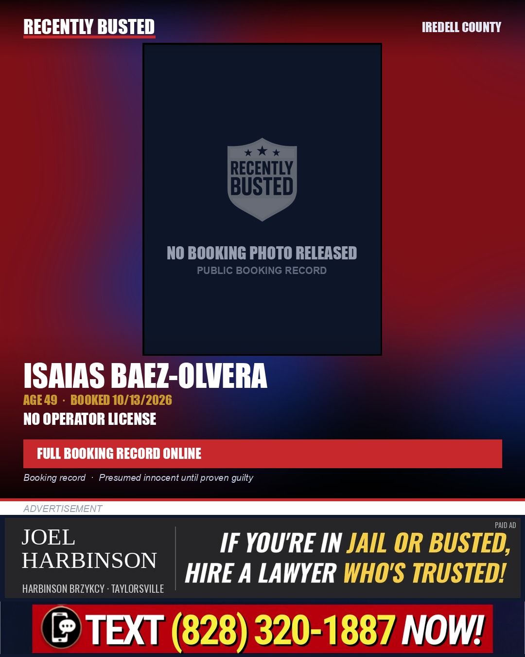 ISAIAS BAEZ-OLVERA — arrest record card, Iredell County