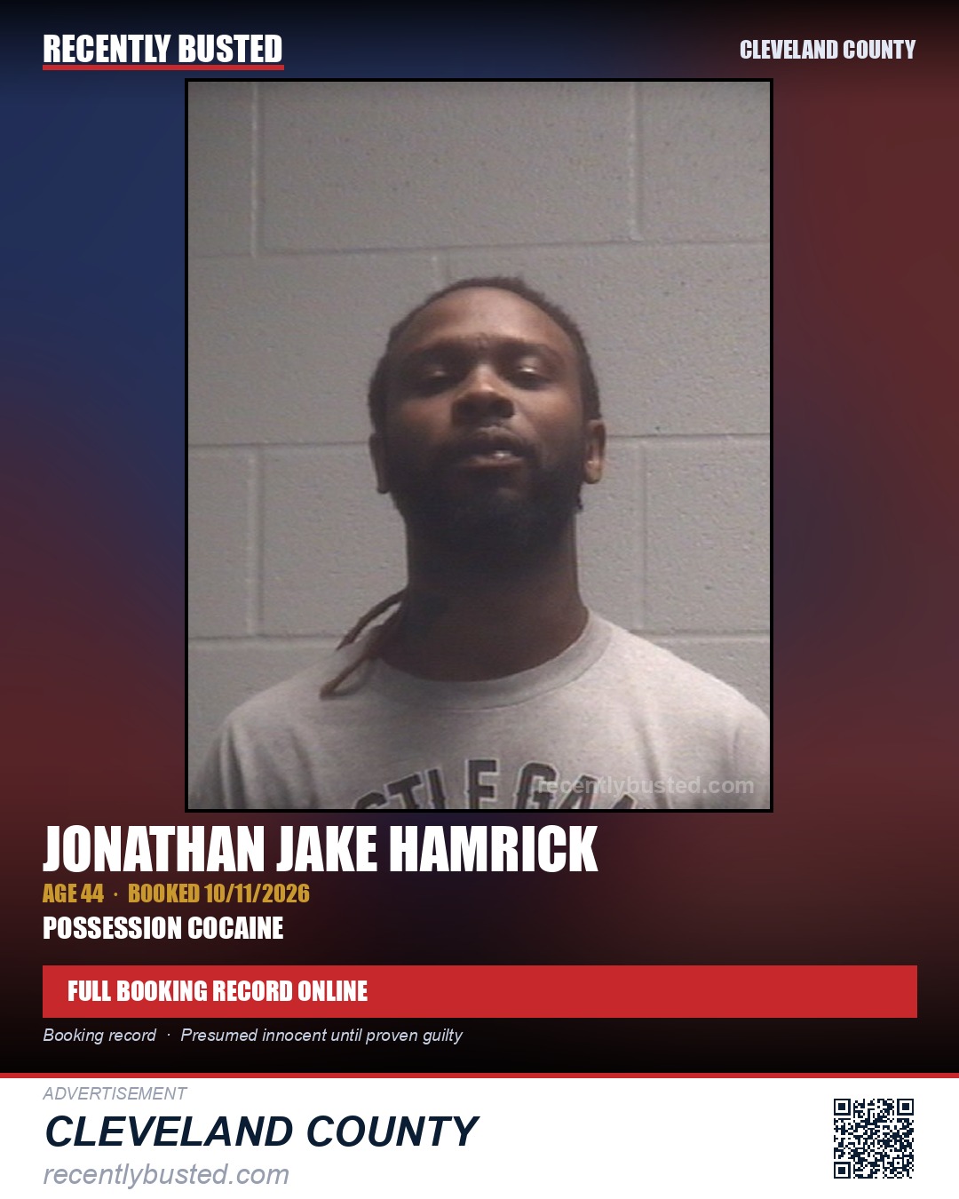 JONATHAN JAKE HAMRICK — arrest record card, Cleveland County