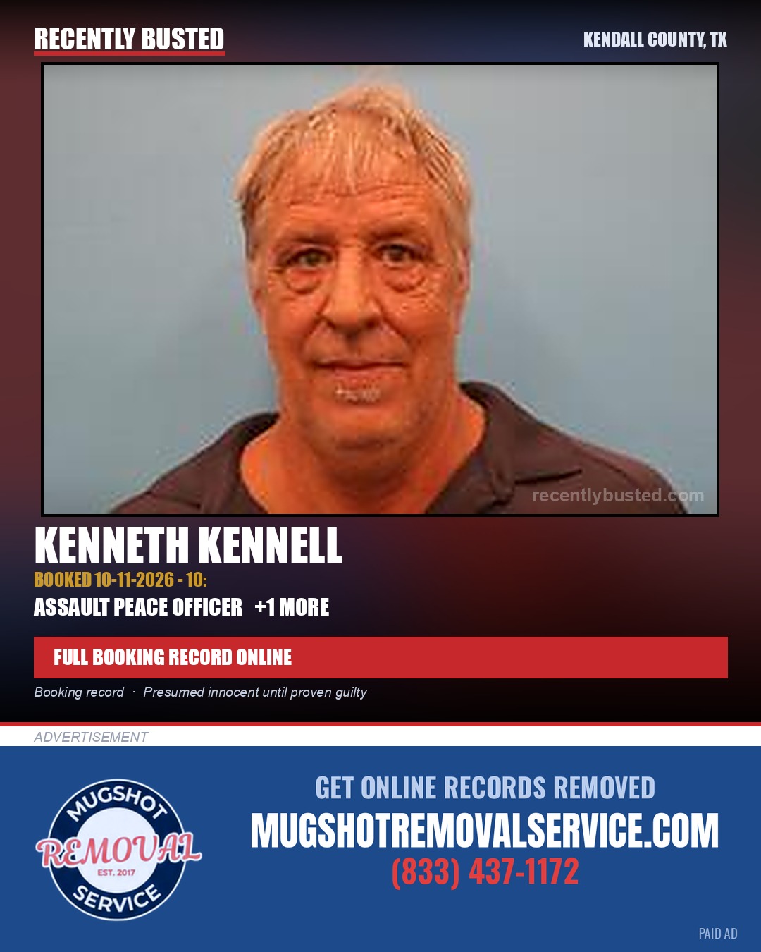 Kennell, Kenneth — arrest record card, Kendall County, Texas
