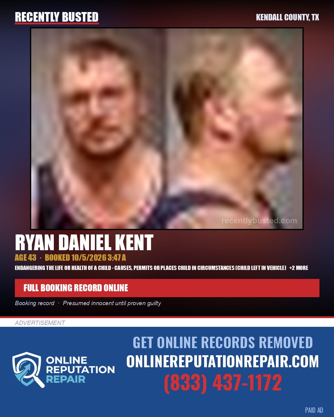KENT, RYAN DANIEL — arrest record card, Kendall County, Illinois