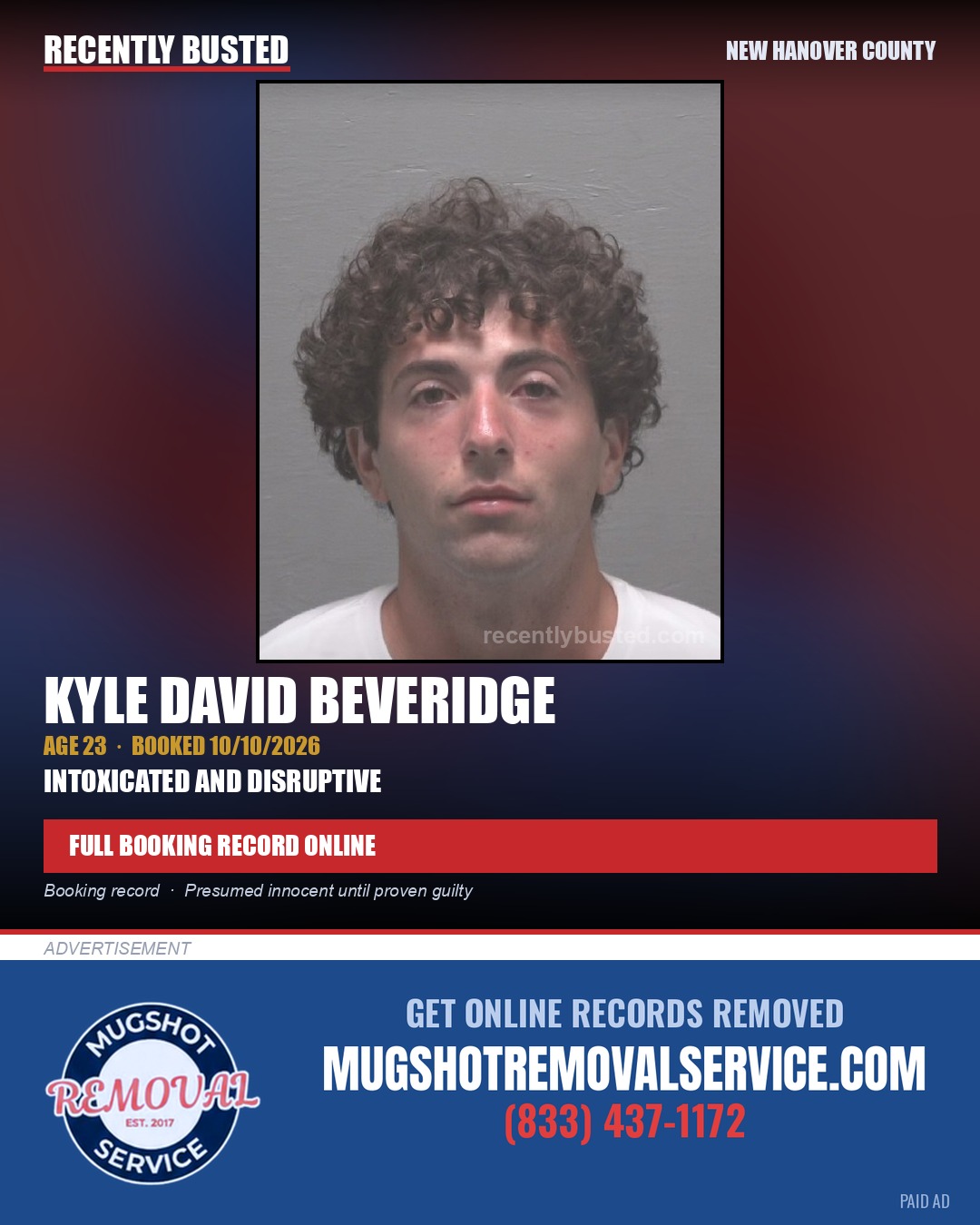 KYLE DAVID BEVERIDGE — arrest record card, New Hanover County