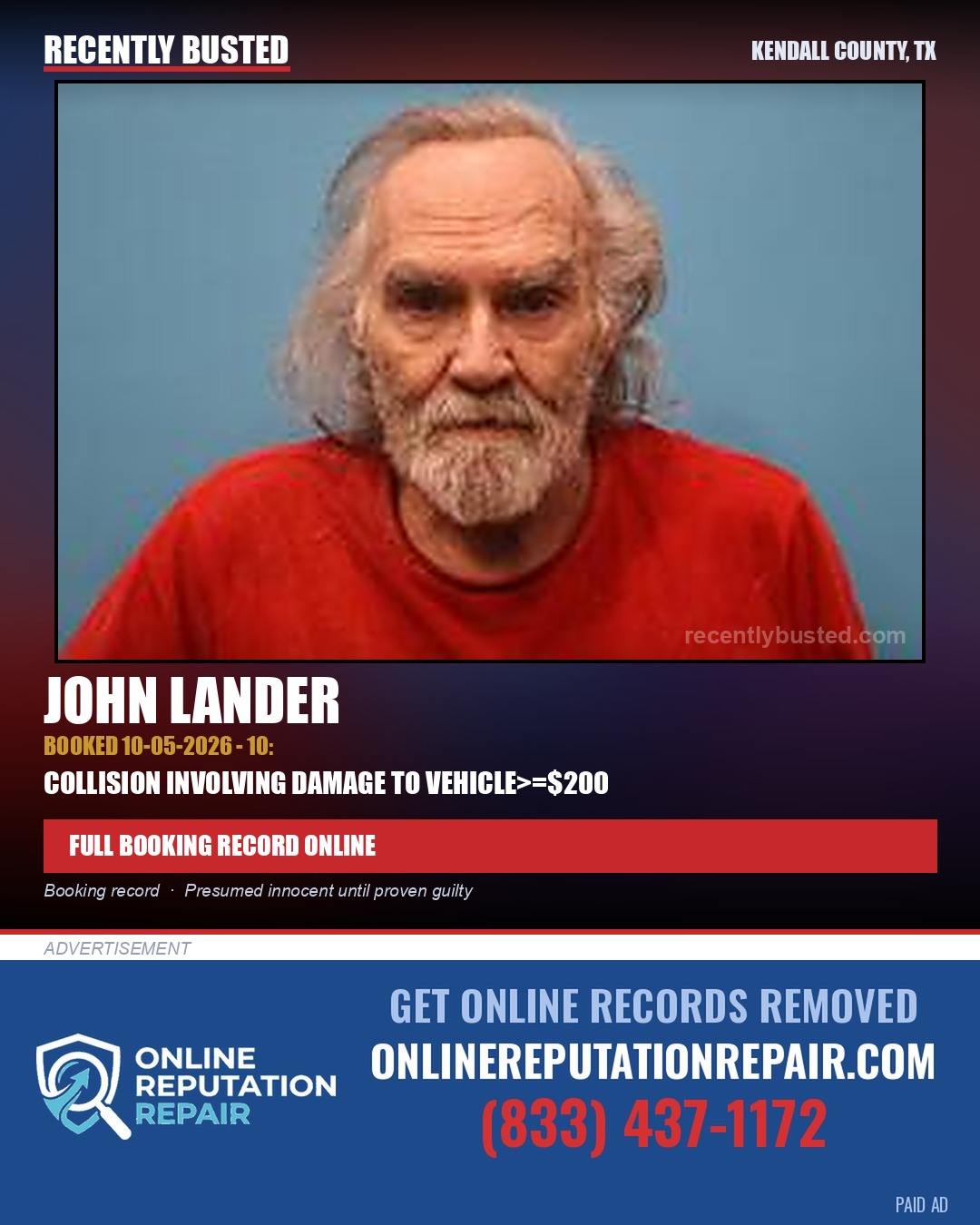 Lander, John — arrest record card, Kendall County, Texas