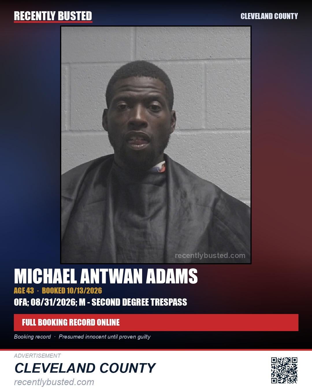 MICHAEL ANTWAN ADAMS — arrest record card, Cleveland County