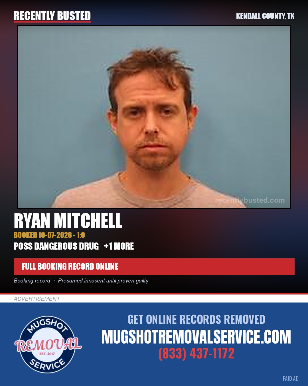 Mitchell, Ryan — arrest record card, Kendall County, Texas
