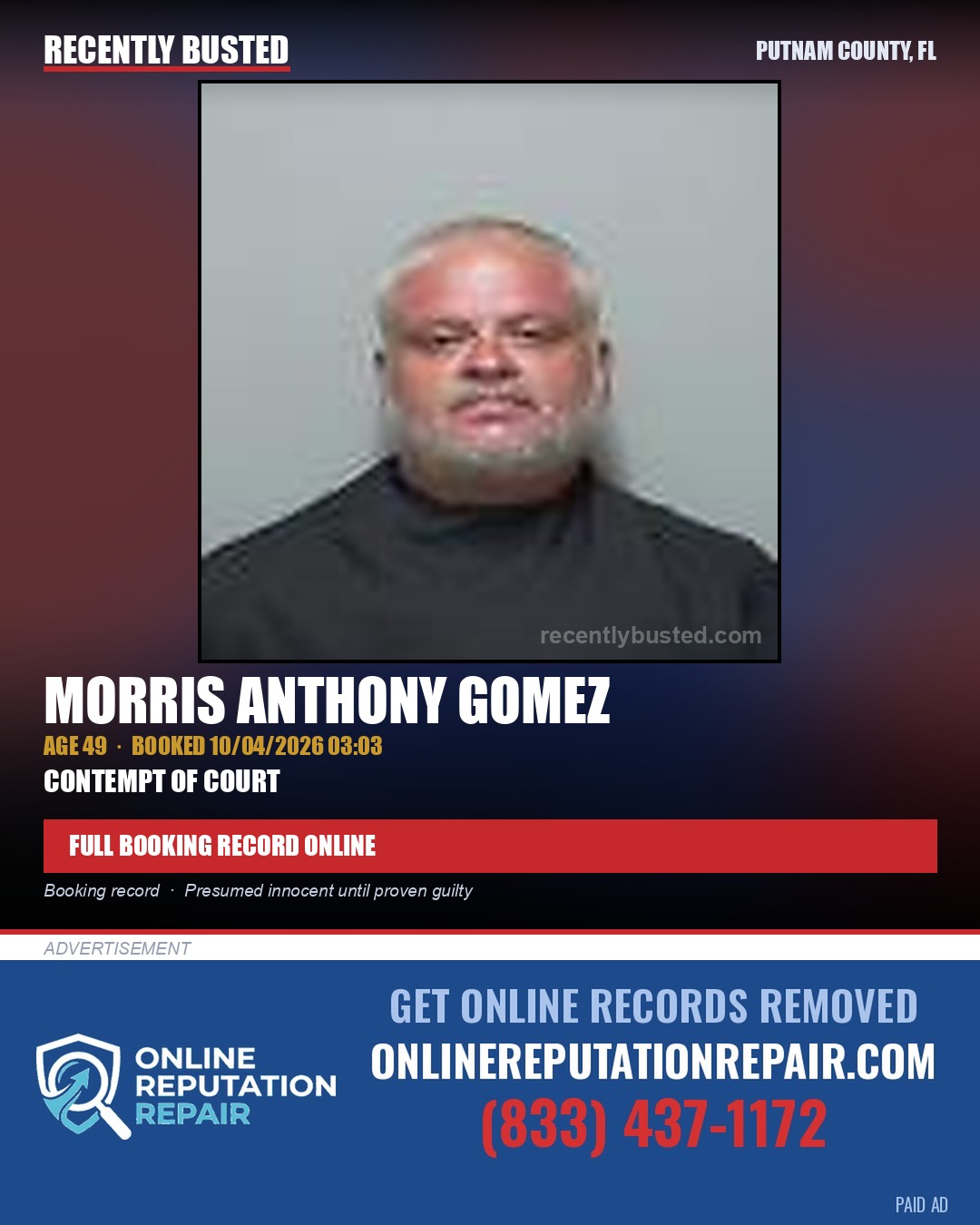Morris Anthony Gomez — arrest record card, Putnam County, Florida