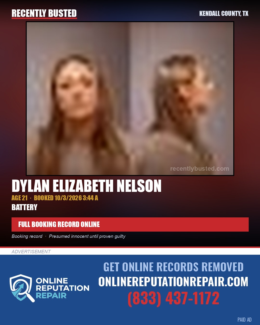 NELSON, DYLAN ELIZABETH — arrest record card, Kendall County, Illinois