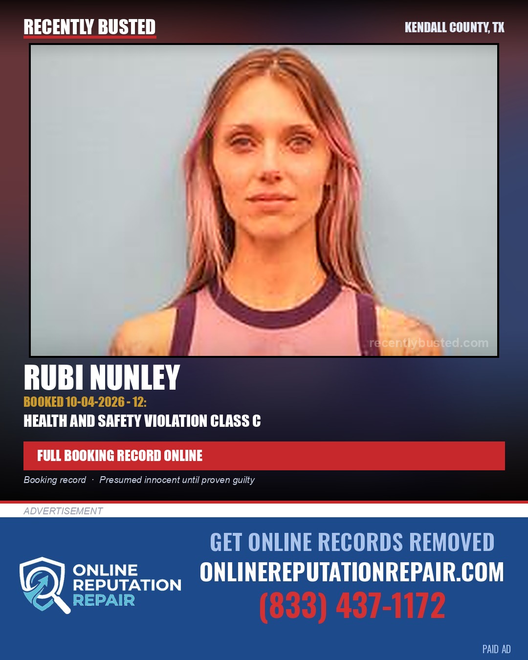 Nunley, Rubi — arrest record card, Kendall County, Texas