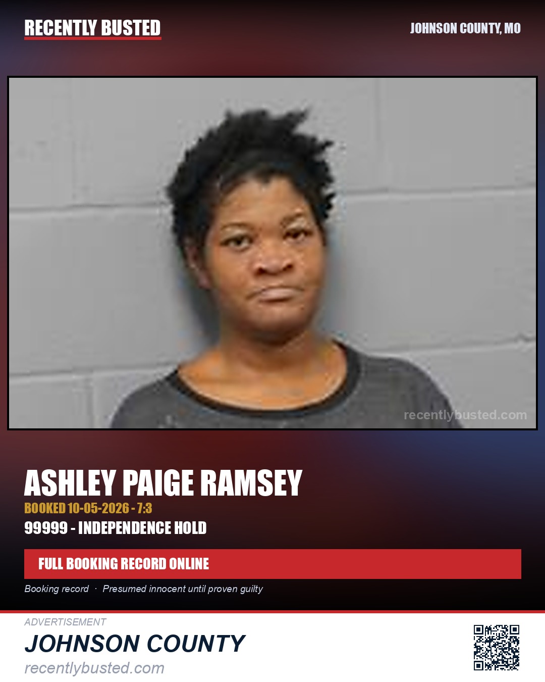 RAMSEY, ASHLEY PAIGE — arrest record card, Johnson County, Missouri
