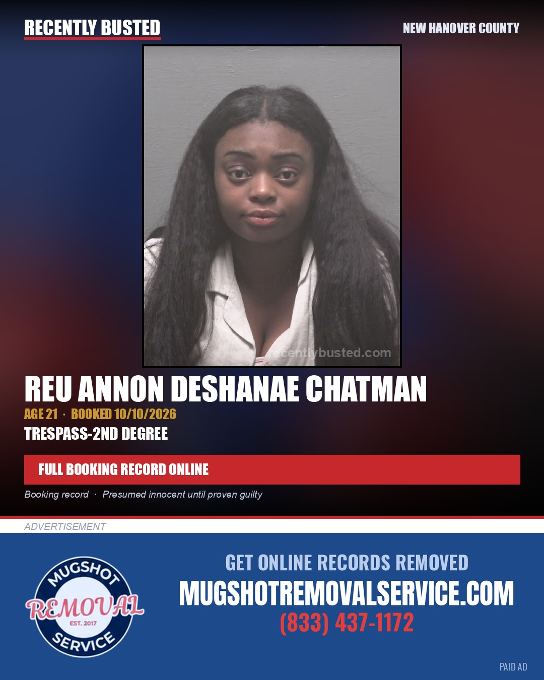 REU ANNON DESHANAE CHATMAN — arrest record card, New Hanover County