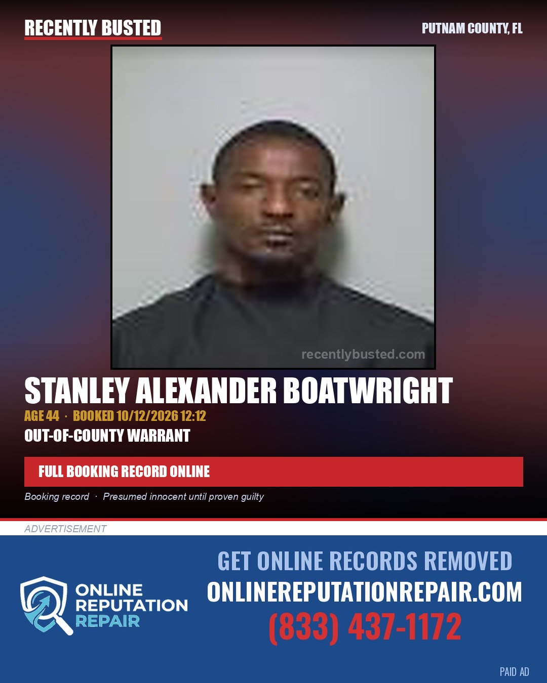 Stanley Alexander Boatwright — arrest record card, Putnam County, Florida