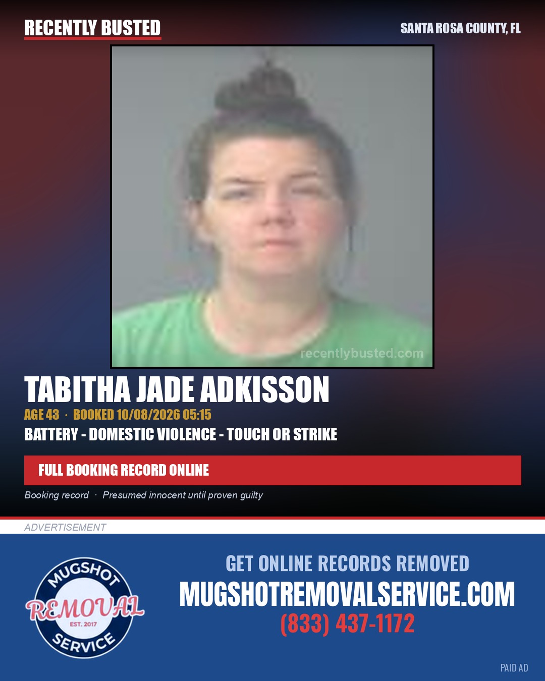 Tabitha Jade Adkisson — arrest record card, Santa Rosa County, Florida